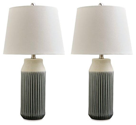 Pair of Ashley Furniture Afener table lamps with beige fabric shades and wooden bases, ideal for bedside or living room decor.