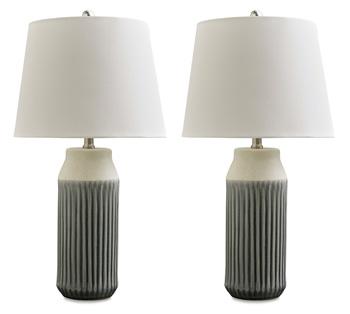 Pair of Ashley Furniture Afener table lamps with beige fabric shades and wooden bases, perfect for bedside or living room decor.