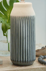 Pair of Ashley Furniture Afener table lamps with beige fabric shades and wooden bases, ideal for bedside or living room decor