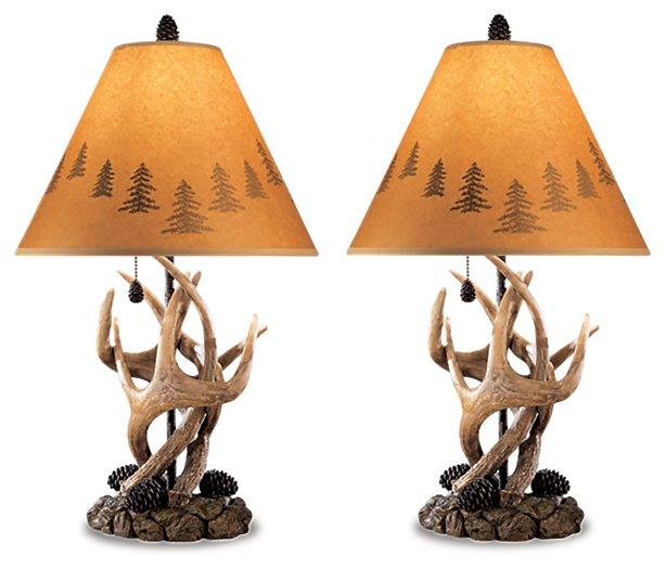 Pair of Derek table lamps by Ashley Furniture with beige fabric shades and brushed metal bases, ideal for bedside or living room.