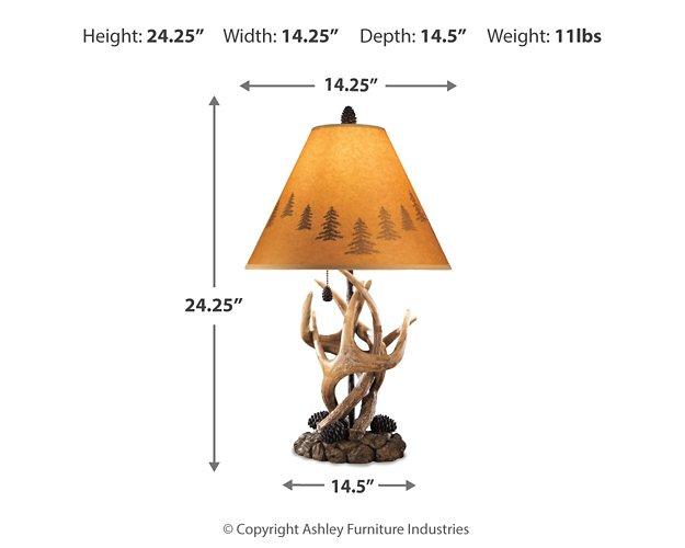 Pair of Ashley Furniture Derek Table Lamps with beige fabric shades and modern base design.
