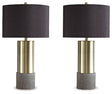 Pair of Ashley Furniture Jacek table lamps with fabric shades and wooden bases, ideal for bedside or living room décor.