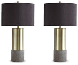 Pair of Ashley Furniture Jacek table lamps with fabric shades and wooden bases, ideal for bedside or living room décor.