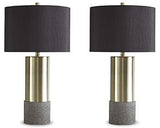 Pair of Ashley Furniture Jacek table lamps with beige fabric shades and dark wood bases, ideal for bedroom or living room decor