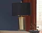 Pair of Ashley Furniture Jacek table lamps with beige fabric shades and dark bronze bases, placed on a wooden surface.