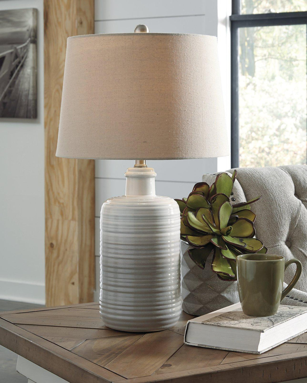 Pair of Ashley Furniture Marnina Table Lamps, stylish bedside lamps with fabric shades on wooden bases, set of two for bedroom decor