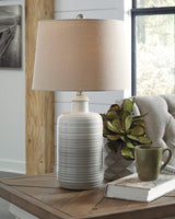 Pair of Ashley Furniture Marnina Table Lamps, stylish bedside lamps with fabric shades on wooden bases, set of two for bedroom decor