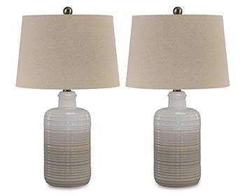 Pair of Ashley Furniture Marnina Table Lamps with beige fabric shades and wooden bases, ideal for bedside or living room decor.