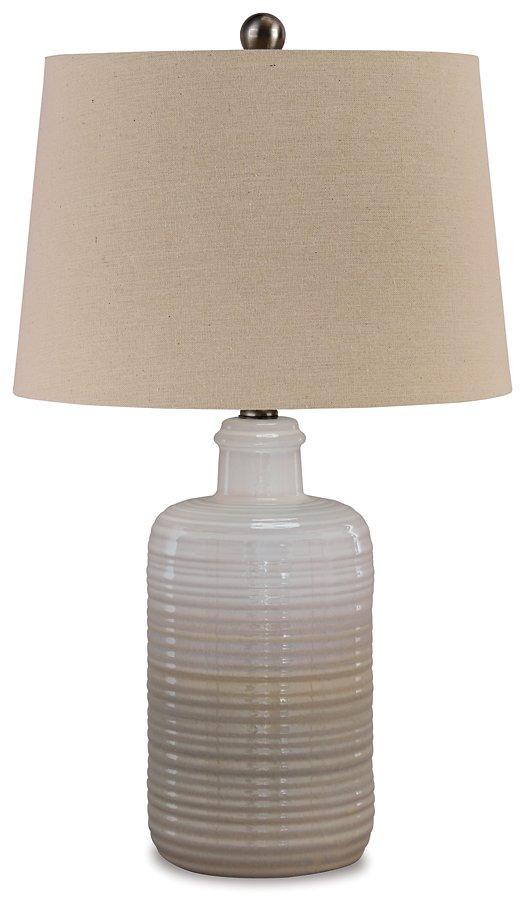 Pair of Ashley Marnina table lamps with beige fabric shades and bronze bases, perfect for bedside or living room decor.