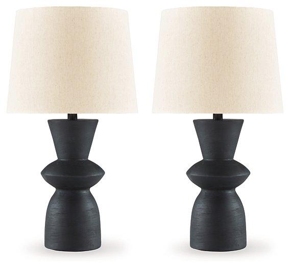 Pair of Ashley Furniture Scarbot table lamps with modern design, featuring sleek bases and fabric shades for stylish lighting.