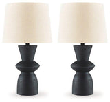 Pair of Ashley Furniture Scarbot table lamps with modern design, featuring sleek bases and fabric shades for stylish lighting.