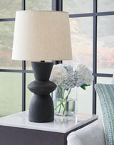 Pair of Ashley Furniture Scarbot table lamps with modern bases and fabric shades, perfect for bedside or living room decor.