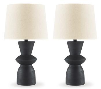Pair of Ashley Furniture Scarbot table lamps with modern design, featuring sleek bases and fabric lampshades on a bedroom dresser.