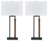 Pair of Ashley Furniture Voslen table lamps with beige fabric shades and dark wood bases, ideal for bedside or living room decor.