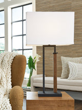 Pair of Ashley Furniture Voslen table lamps with beige fabric shades and wooden bases, perfect for bedside or living room lighting.
