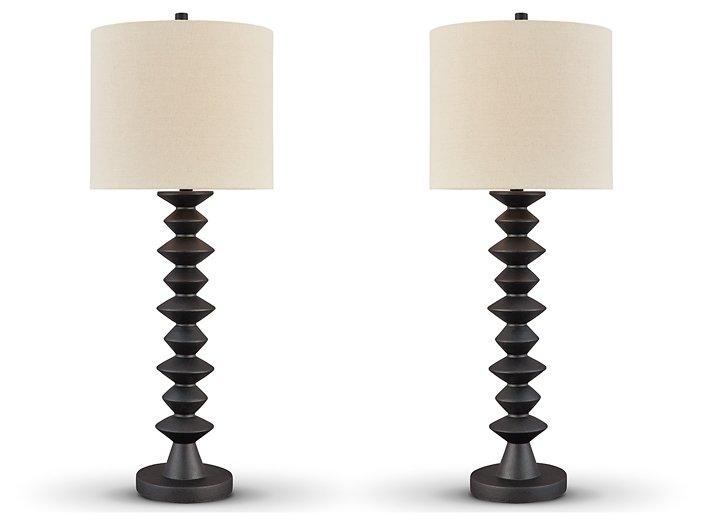Ashley Furniture Luanndon table lamp set featuring two elegant lamps with fabric shades and brushed nickel bases.