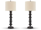 Ashley Furniture Luanndon table lamp set featuring two elegant lamps with fabric shades and brushed nickel bases.