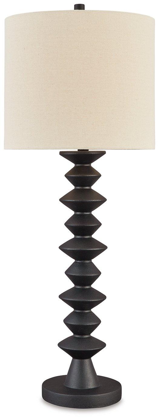 Ashley Furniture Luanndon Table Lamp Set featuring stylish, modern lamps with beige fabric shades and wooden bases.