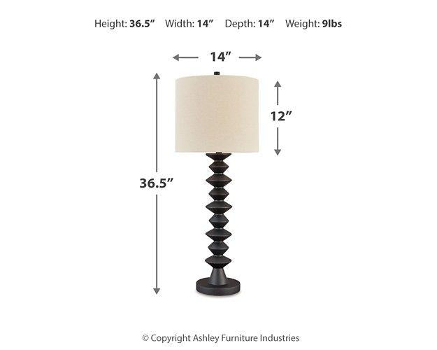 Pair of Ashley Furniture Luanndon table lamps with beige fabric shades and wooden bases, designed for stylish home lighting.