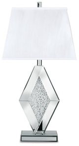 Ashley Furniture Prunella lamp set featuring two stylish table lamps with beige fabric shades and dark wood bases.