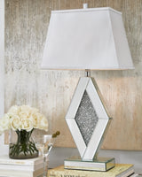 Ashley Furniture Prunella Lamp Set featuring two stylish table lamps with beige shades and dark bases, perfect for living room decor.