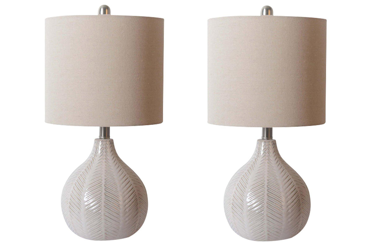 Ashley Furniture Rainermen table lamp set featuring two stylish lamps with beige fabric shades and wood-tone bases.