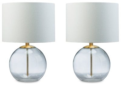 Ashley Furniture Samder table lamp set with two modern ceramic lamps featuring neutral gray shades and sleek bases.