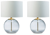 Ashley Furniture Samder table lamp set with two modern ceramic lamps featuring neutral gray shades and sleek bases.