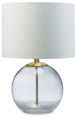 Ashley Furniture Samder table lamp set with two decorative lamps featuring beige shades and dark wood bases.