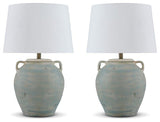 Ashley Furniture Shawburg Table Lamp Set featuring two stylish lamps with neutral shades and modern bases.