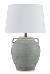 Pair of Ashley Furniture Shawburg table lamps in a classic design with beige lampshades and ornate bases, perfect for living room decor.