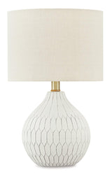 Ashley Furniture Wardmont table lamp set with two elegant ceramic lamps featuring neutral shades and modern design.