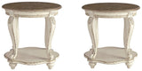 Set of two Ashley Furniture Realyn end tables with wooden tops and tapered legs, perfect for living room accents.