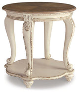 Ashley Furniture Realyn End Table Set featuring two stylish wooden tables with modern design and natural wood finish.