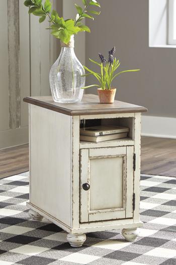 Ashley Furniture Realyn End Table Set featuring two stylish wooden tables with modern design and natural finish.