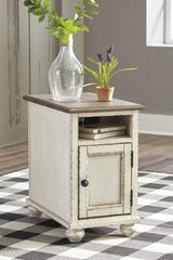 Ashley Furniture Realyn End Table Set featuring two stylish wooden tables with modern design and natural finish.