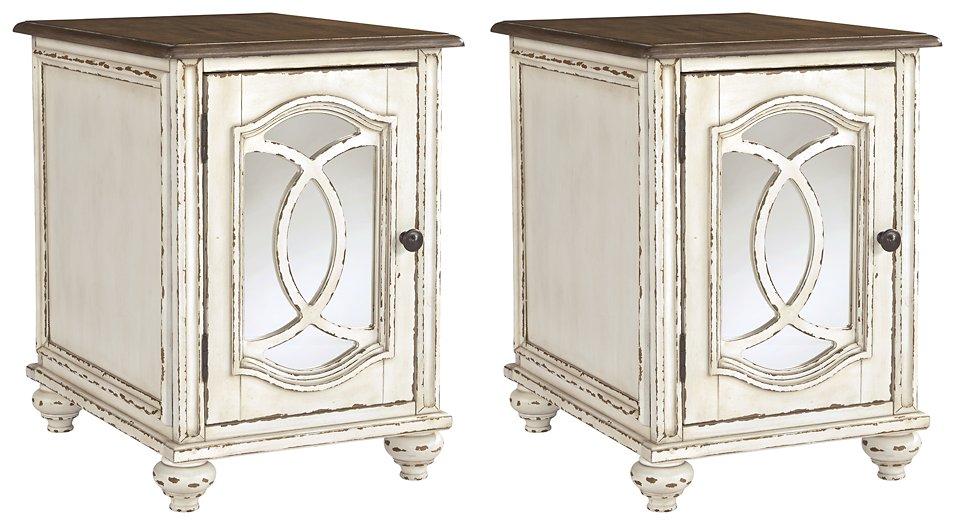 Ashley Furniture Realyn End Table Set featuring two elegant wooden tables with storage drawers and a modern design.