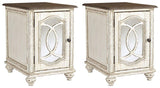 Ashley Furniture Realyn End Table Set featuring two elegant wooden tables with storage drawers and a modern design.