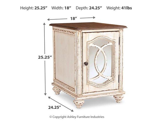 Ashley Furniture Realyn End Table Set showing two stylish wooden tables with sleek surfaces and modern design.