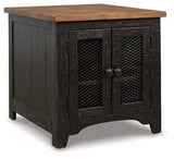 Set of two Ashley Furniture Valebeck End Tables with wooden tops and metal legs, styled for a modern living room.