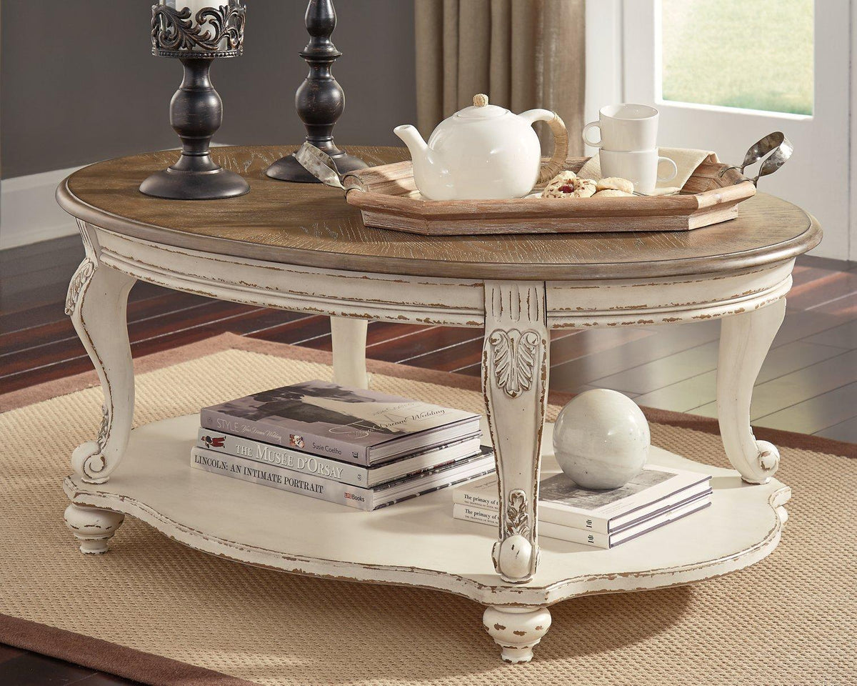 Ashley Furniture Realyn Table Set with a wooden table and matching chairs, featuring a modern design and natural wood finish.