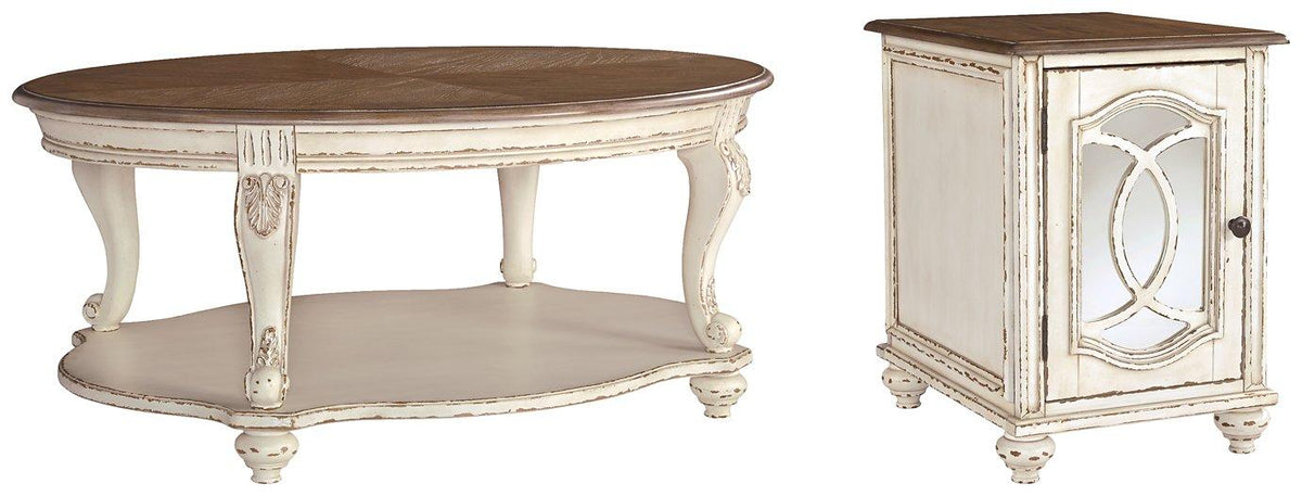 Ashley Furniture Realyn table set with matching chairs, showcasing a modern wooden dining table and stylish seating arrangement.
