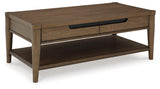 Ashley Furniture Roanhowe Occasional Table Set with two stylish wooden tables featuring metal accents and a modern design.