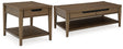 Set of three Ashley Furniture Roanhowe Occasional Tables with wooden tops and metal legs, arranged together.