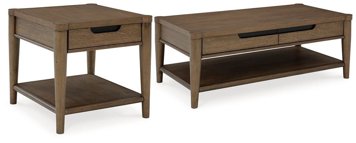 Set of three Ashley Furniture Roanhowe Occasional Tables with wooden tops and metal legs, arranged together.