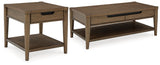 Set of three Ashley Furniture Roanhowe Occasional Tables with wooden tops and metal legs, arranged together.