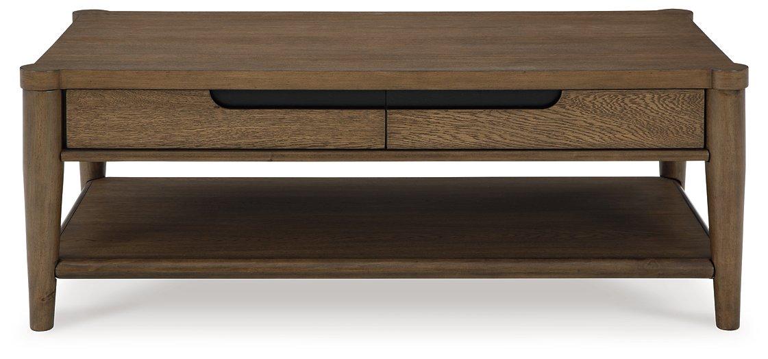 Ashley Furniture Roanhowe Occasional Table Set featuring two modern wood tables with sleek metal legs, ideal for living room decor.
