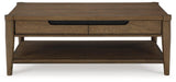 Ashley Furniture Roanhowe Occasional Table Set featuring two modern wood tables with sleek metal legs, ideal for living room decor.