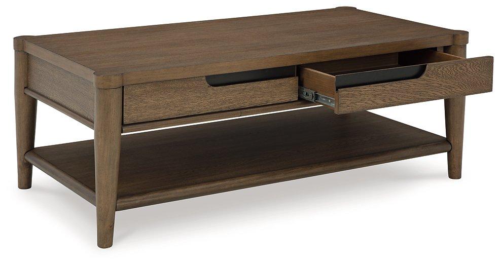 Ashley Furniture Roanhowe Occasional Table Set featuring two modern wood tables with sleek designs and metal accents.