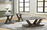 Set of three Bensonale tables by Ashley Furniture, modern wooden table set with sleek design and natural finish.